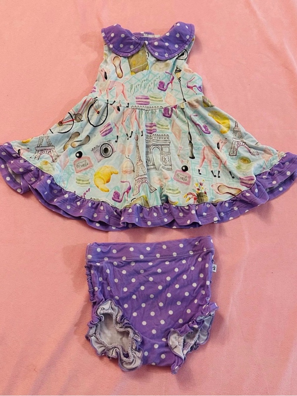 Birdie Bean Emilie Paris print peplum dress & ruffle bummie set 3-6M